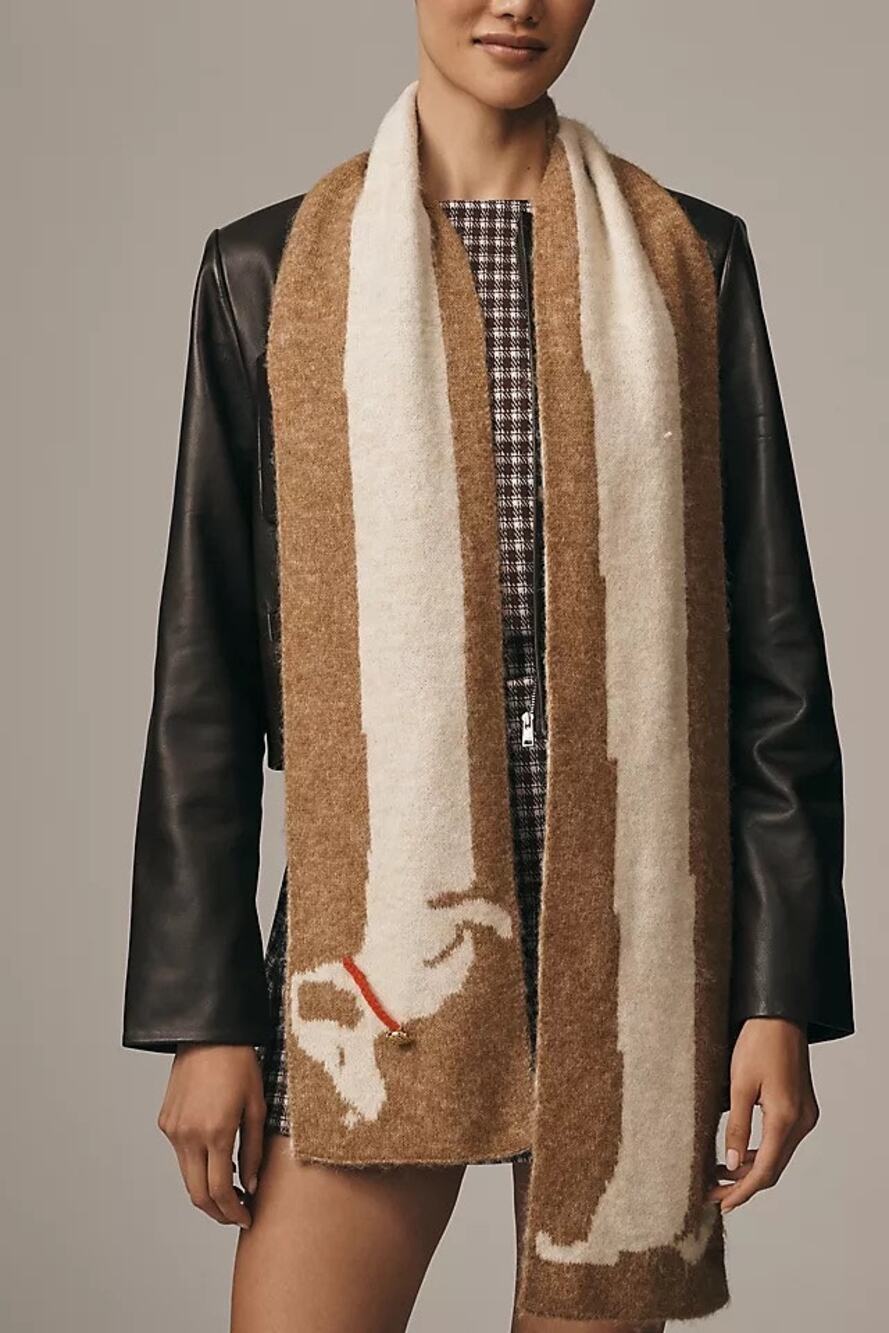 Rare Viral Anthropologie Maeve Dachshund Dog Icon Skinny Knit Scarf Reversible